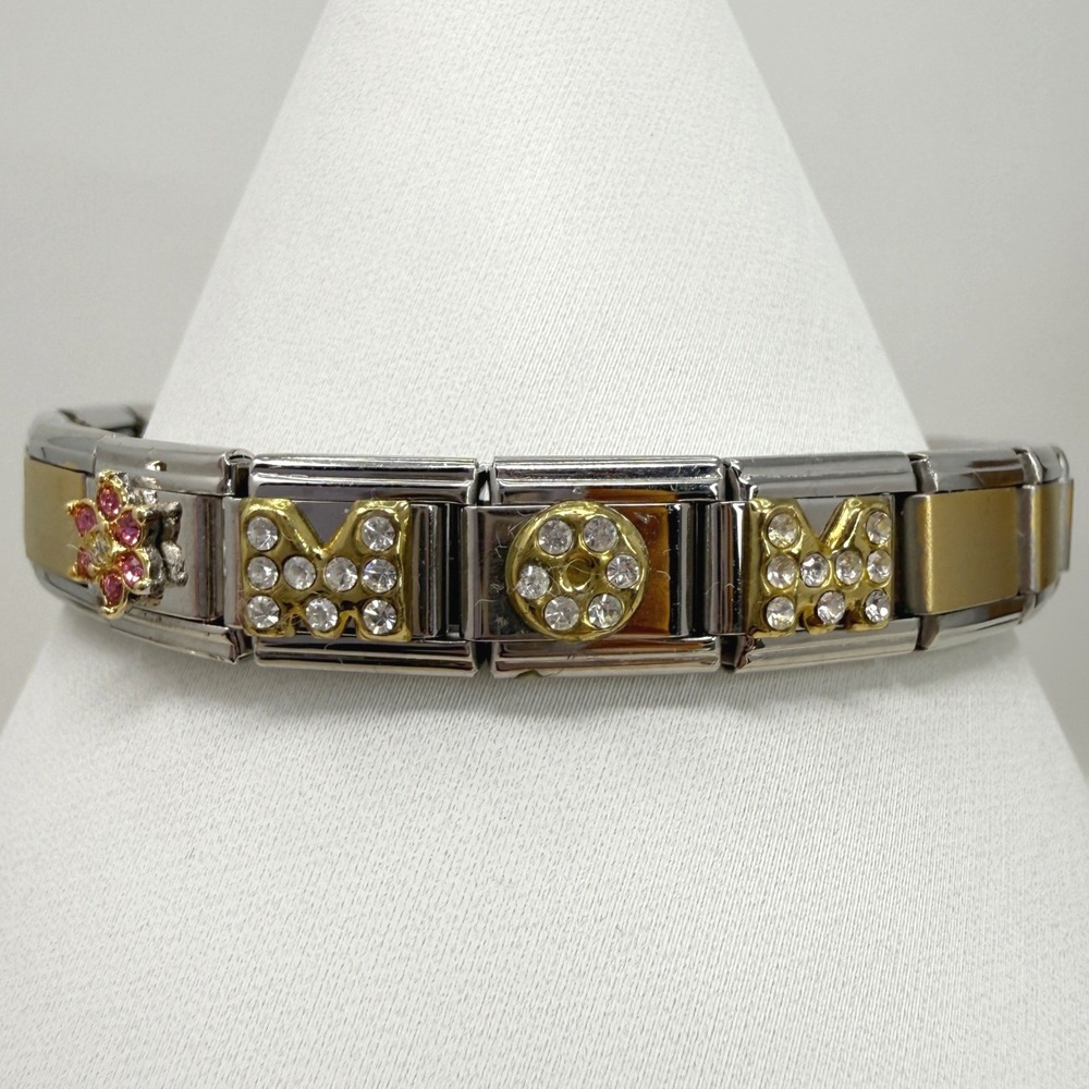 D'LINQ Mom Charm‎ Bracelet Rhinestone Gold Tone Stainless Steel Expandable